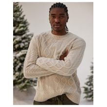 American Eagle Men Cream Super Soft Patchwork Cable Knit Crewneck Sweater