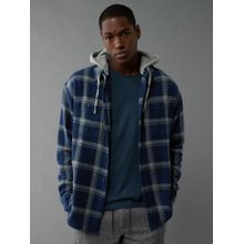 American Eagle Men Blue Hooded Flannel Shirt