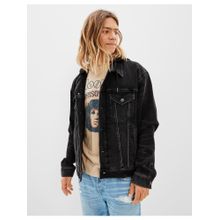 American Eagle Men Black Hooded Denim Jacket