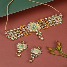 Priyaasi Mint Green & Peach-Coloured Gold-Plated Kundan Stone-Studded Jewellery Set