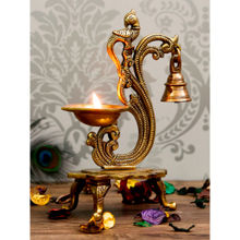 eCraftIndia Antique Finish Brass Parrot Showpiece Diya with Bells and Stand