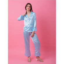 EZME STUDIO Luxe Satin Baby Blue Shirt and Pyjama (Set of 2)