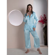 EZME STUDIO Blue Luxe Satin Ostrich Feather Shirt and Pyjama (Set of 2)