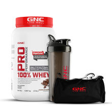 GNC Gym Starter Pack - Whey Protein Powder (Chocolate), Gym Bag & Plastic Shaker