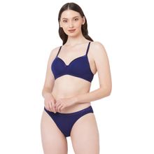 SOIE Women Coverage Padded T-shirt Bra With Low Rise Matching Panty Set-navy Blue (Set of 2)