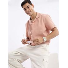 SHOWOFF Mens Cuban Collar Textured Relaxed Fit Peach Shirt