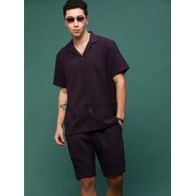 SHOWOFF Men Purple Cuban Collar Solid Co-Ord (Set of 2)