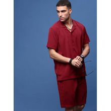 SHOWOFF Men Red Cuban Collar Stripes Co-Ord (Set of 2)