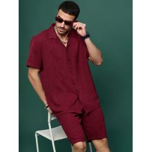 SHOWOFF Men Maroon Cuban Collar Self Design Co-Ord (Set of 2)