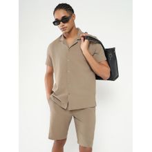 SHOWOFF Men Brown Cuban Collar Solid Co-Ord (Set of 2)