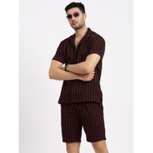 SHOWOFF Men Red Cuban Collar Striped Co-Ord (Set of 2)