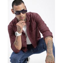 SHOWOFF Men Checked Maroon Cuban Notched Lapel Shacket