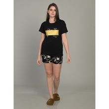MAYSIXTY Women Cotton Printed Round Neck Black Half Sleeve T-Shirt with Shorts (Set of 2)