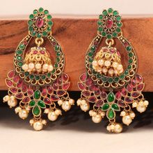 Oomph Jewellery Pink & Green Kemp Stone South Indian Jhumka Earrings