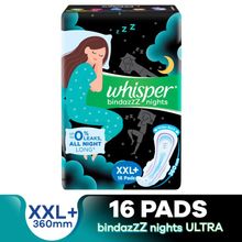 Whisper Bindazzz Night Thin XXL+ Sanitary Pads for upto 0% Leak-60% Longer with Dry top sheet,16 Pad