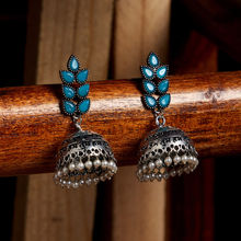 PANASH Silver-plated Turquoise Oxidised Dome Shaped Jhumka Earring