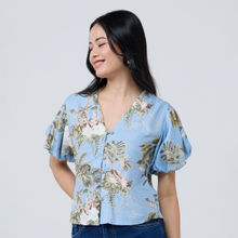 Twenty Dresses by Nykaa Fashion Blue Printed V Neck Half Puff Sleeves Top