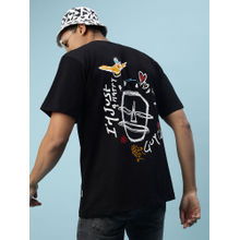 VEIRDO Men's Black Oversized Graphic Half Sleeves Round Neck T-shirt