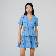 Twenty Dresses By Nykaa Fashion Ink Blue Denim V Neck Embroidered Tiered Mini Dress