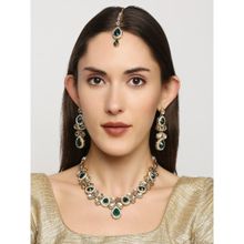 OOMPH Green Stone Kundan Ethnic Choker Necklace with Drop Earrings and Maangtikka (Set of 3)