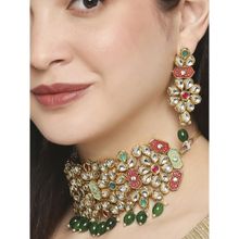 OOMPH Green and Red Meenakari and Kundan Ethnic Choker Necklace Set with Drop Earrings