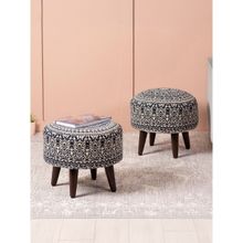 Nestroots Blue Cotton Canvas Wooden Ottoman (Pack of 2)