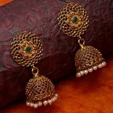 Fida Wedding Ethinic Gold And Green Stone Drop Jhumka Earrings(OSXXPDJE110)