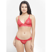 N-Gal Women'S Sheer Lace Ruffle Edge Strappy Back Bra With Cut Out Thong Set - Red