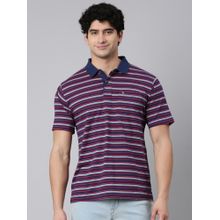 Classic Polo Men Navy Blue Polo Neck Authentic Fit Striped Cotton Blend T-Shirt