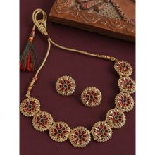 OOMPH Antique Gold Tone Red & Green Stones Necklace Set with Drop Earrings