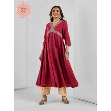 Likha Maroon Pure Cotton Alia Cut Flared Kurta with Zari Work & Handblock Printed Pant LIKMCKS21