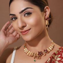 Priyaasi Floral Red and Green Stone Studded Gold-Plated Jewellery Set