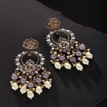 Priyaasi Grey & Off-White Gold-Plated Stone Studded Beaded Classic Drop Earrings