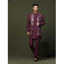 KISAH Men Burgundy Kurta with Jacket and Churidar (Set of 3)