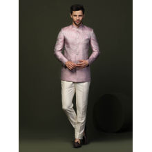 KISAH Men Lilac Textured Silk Blend Jacquard Jodhpuri Bandhgala Trouser Set with Self Design