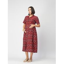 Zelena Maroon Ikat Print Maternity and Nursing Tiered Midi Dress