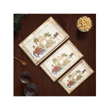 Kuber Industries White Pack of 3 Wooden Modern Style Serving Trays (Large, Medium, Small)