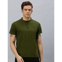 Urbano Fashion Men Olive Green Solid Mandarin Collar Cotton T-Shirt