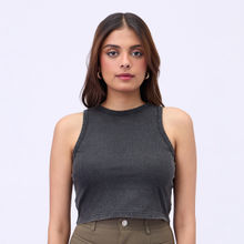 MIXT by Nykaa Fashion Charcoal Grey Washed Round Neck Fitted Tank Top
