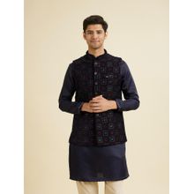 Manyavar Dark Blue Velvet Nehru Jacket for Men