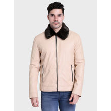 Justanned Beige Fur Collar Leather Jacket