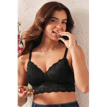 Clovia Lace Solid Padded Full Cup Wire Free Bralette Bra - Black