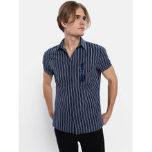 American Eagle Men Blue Short Sleeve Striped Denim Button Up Shirt