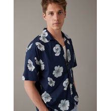 American Eagle Men Navy Blue Tropical Button-Up Pool Side Shirt