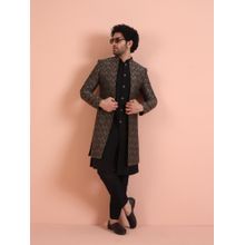 KISAH Men Black Jacquard Inner Jacket Indowestern Sherwani and Trouser (Set of 3)