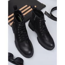 EZOK Men Black Solid Pattern Lace Up Leather Boots