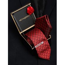 MUTAQINOTI Men Printed Red Tie With Pocket Square & Lapel Pin