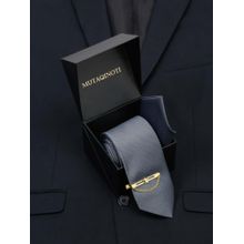 MUTAQINOTI Men Solid Grey Tie With Pocket Square & Lapel Pin