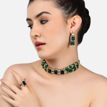 Zaveri Pearls Green Beads Ethnic Choker Necklace Earring & Ring Set-ZPFK10767
