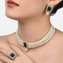 Zaveri Pearls Green Stones Multistrand Pearls Choker Necklace Earring & Ring Set-ZPFK10845